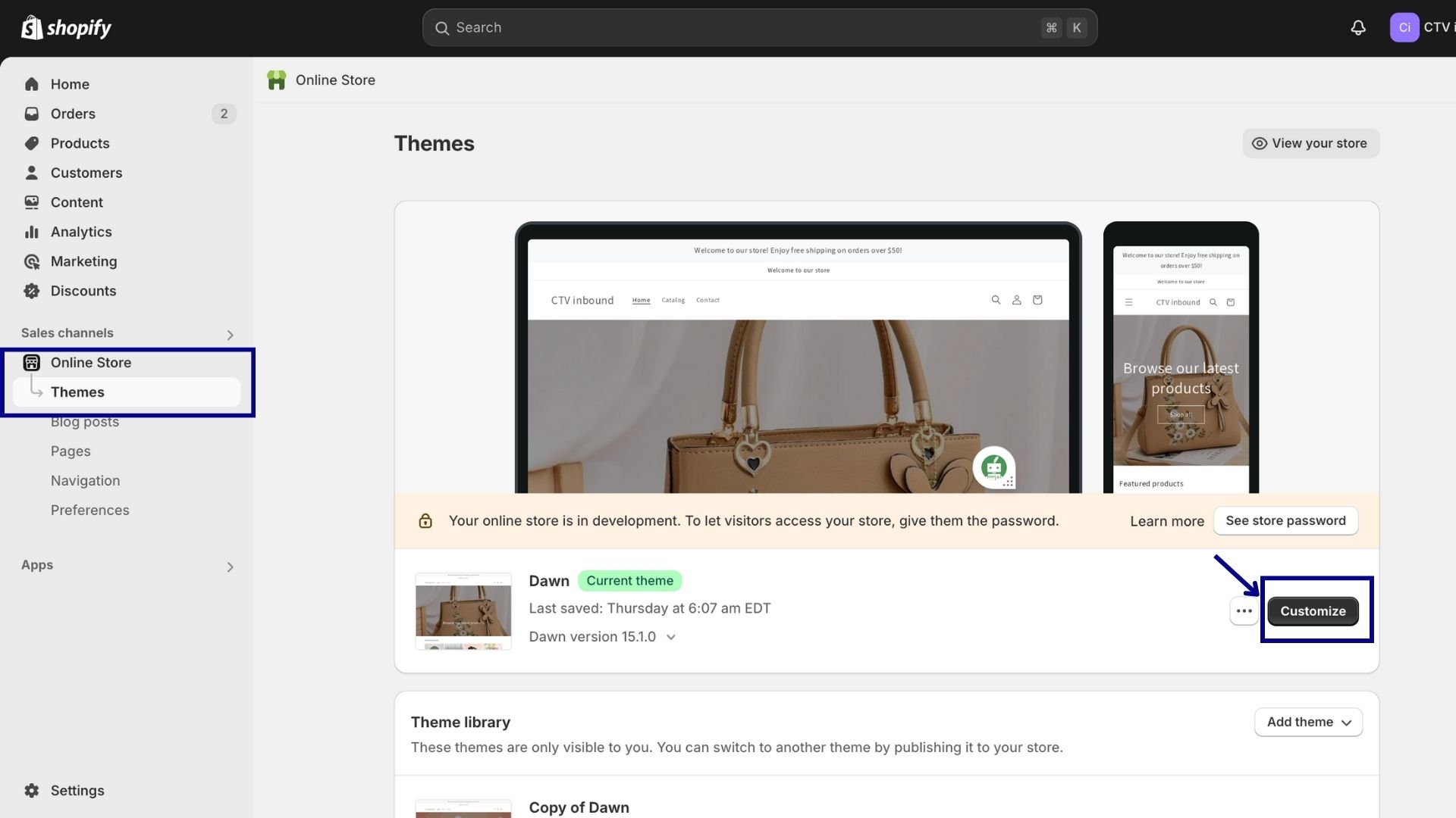 go to Online Store. Navigate to Themes and select Customize the theme